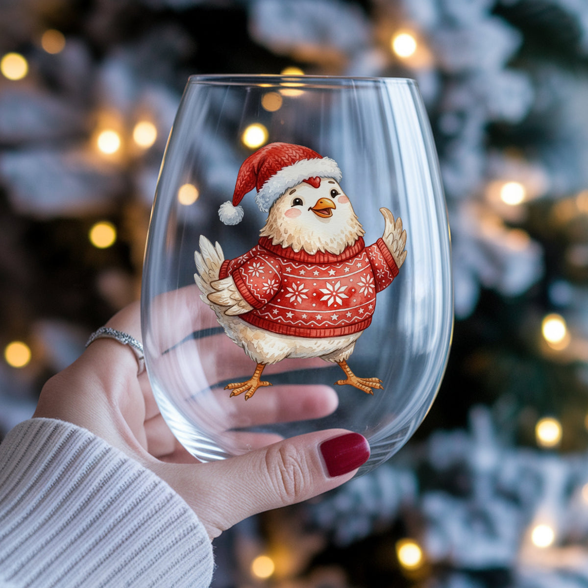 Chicken In Red Nordic Sweater UV DTF sticker applied to a stemless wine glass held in hand