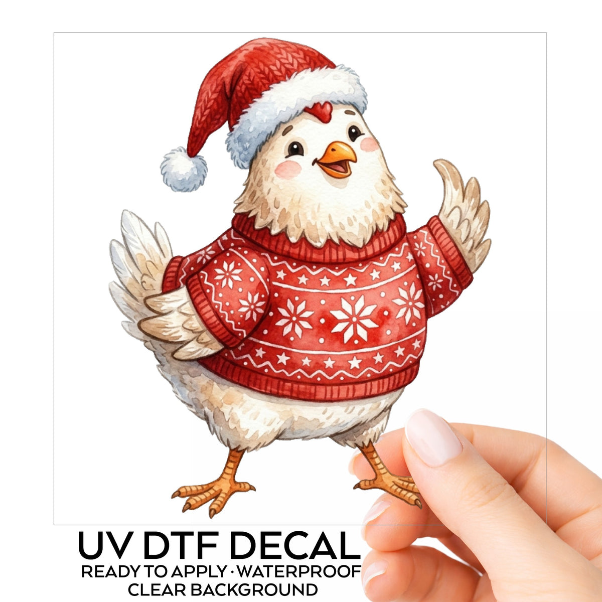 Chicken In Red Nordic Sweater UV DTF sticker on its backing card, held in hand