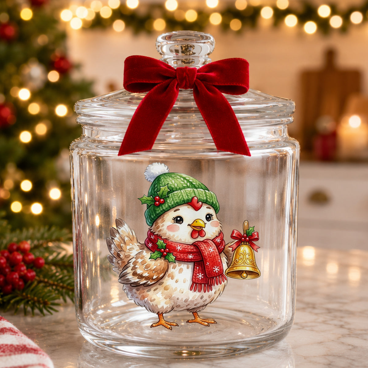 Chicken Holding Gold Jingle Bell UV DTF sticker applied to a glass candy jar tied with a red bow