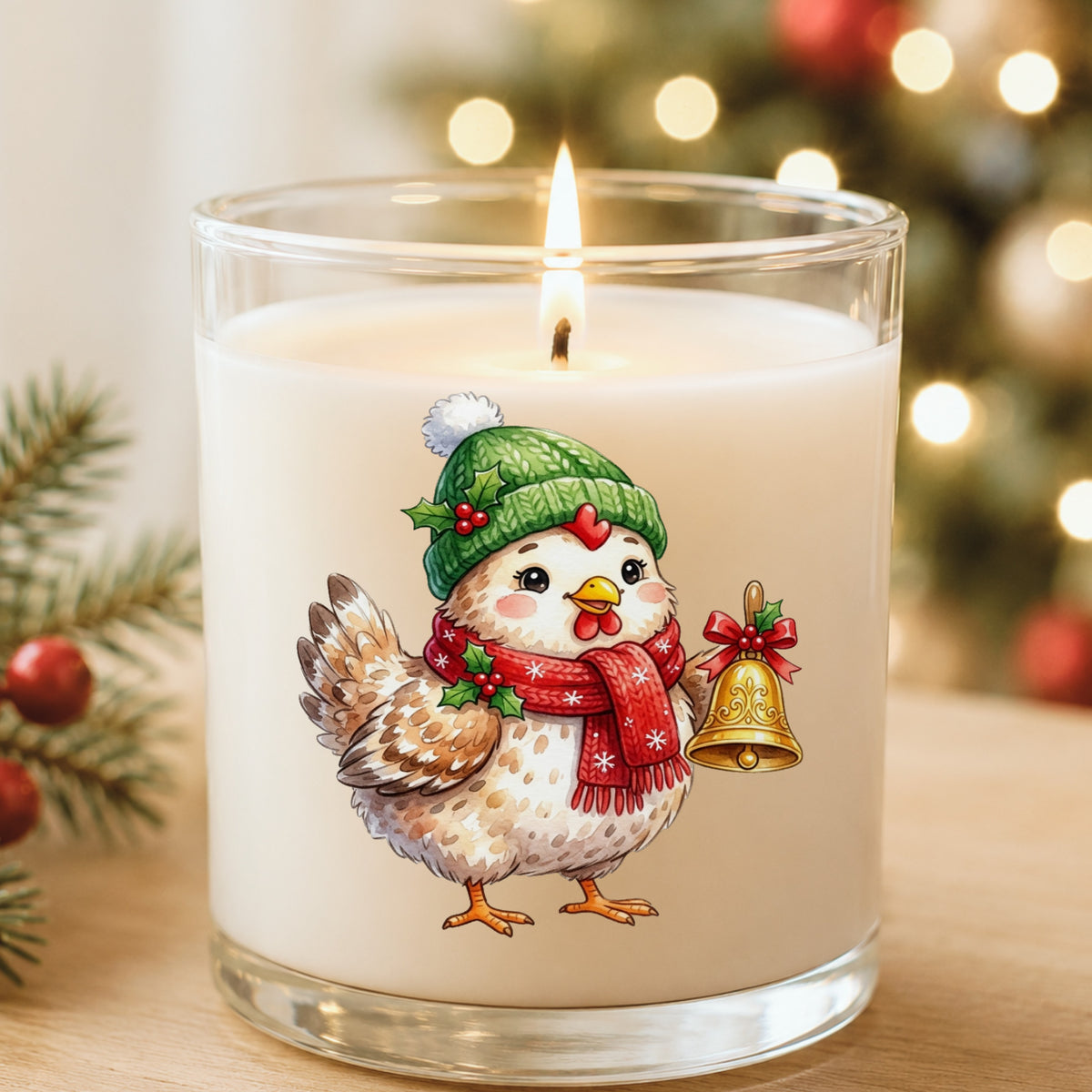 Chicken Holding Gold Jingle Bell UV DTF sticker applied to a white candle in a glass holder near Christmas lights