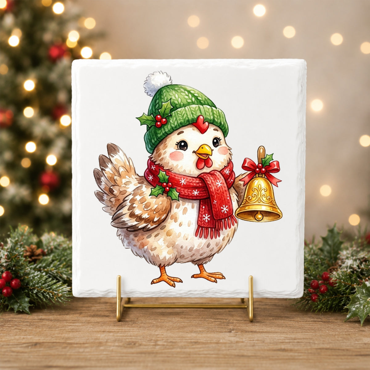 Chicken Holding Gold Jingle Bell UV DTF sticker applied to a white tile on a gold stand