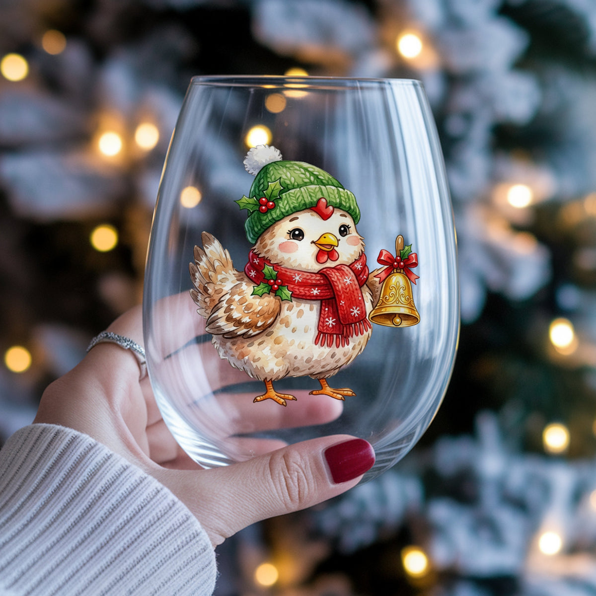 Chicken Holding Gold Jingle Bell UV DTF sticker applied to a stemless wine glass held in hand