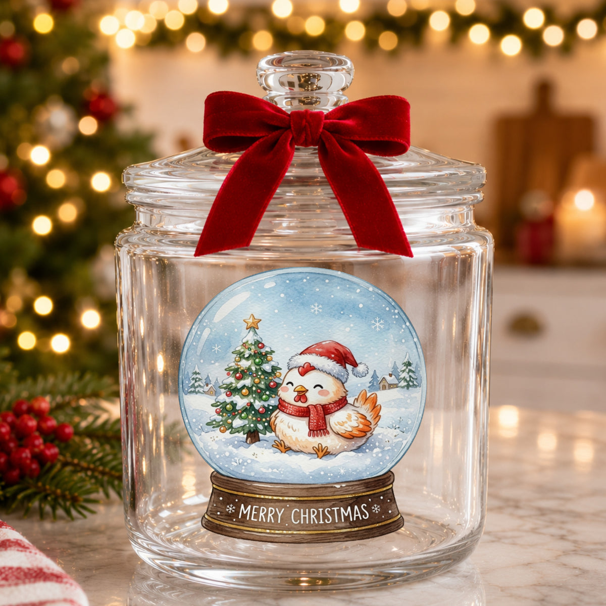 Merry Christmas Snow Globe Chicken UV DTF sticker applied to a glass candy jar tied with a red bow