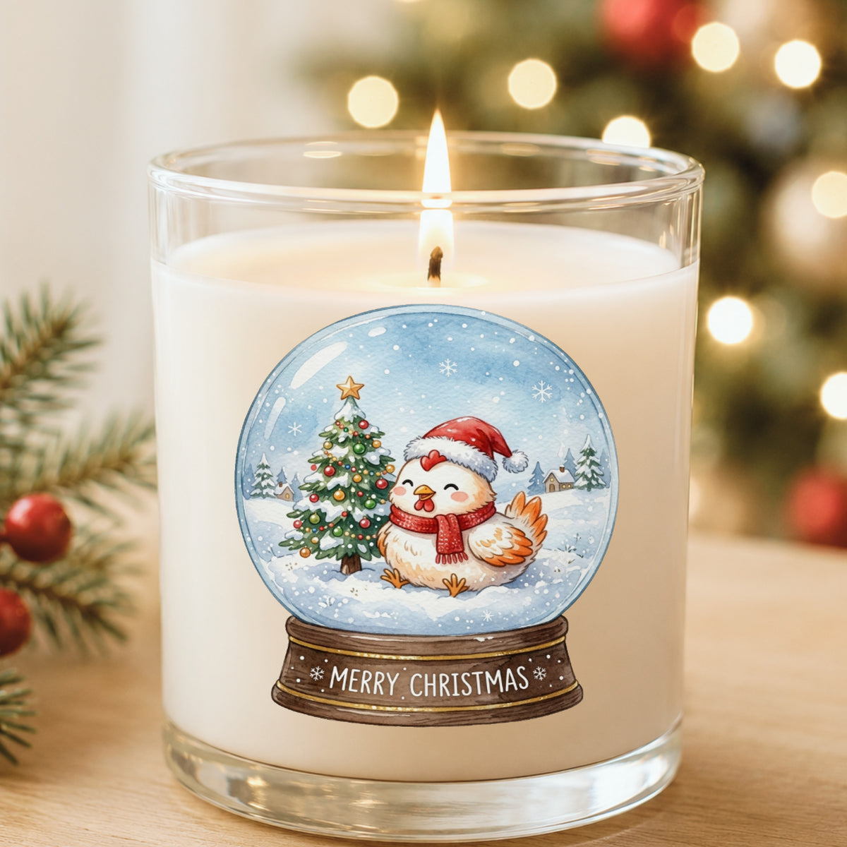 Merry Christmas Snow Globe Chicken UV DTF sticker applied to a white candle in a glass holder near Christmas lights