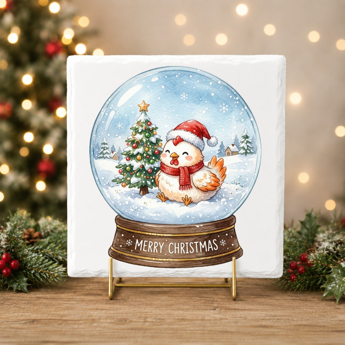 Merry Christmas Snow Globe Chicken UV DTF sticker applied to a white tile on a gold stand