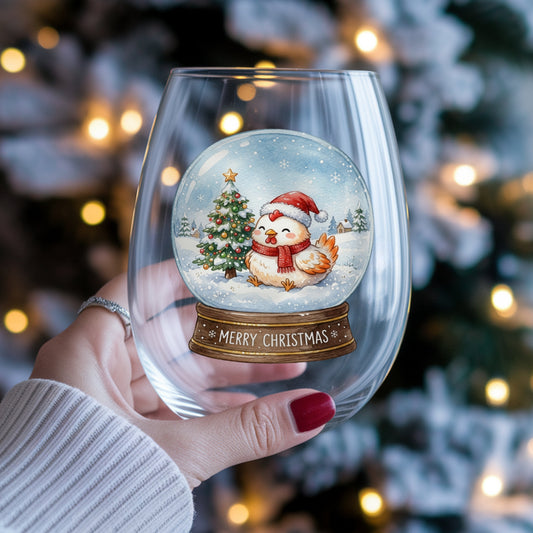 Merry Christmas Snow Globe Chicken UV DTF sticker applied to a stemless wine glass held in hand