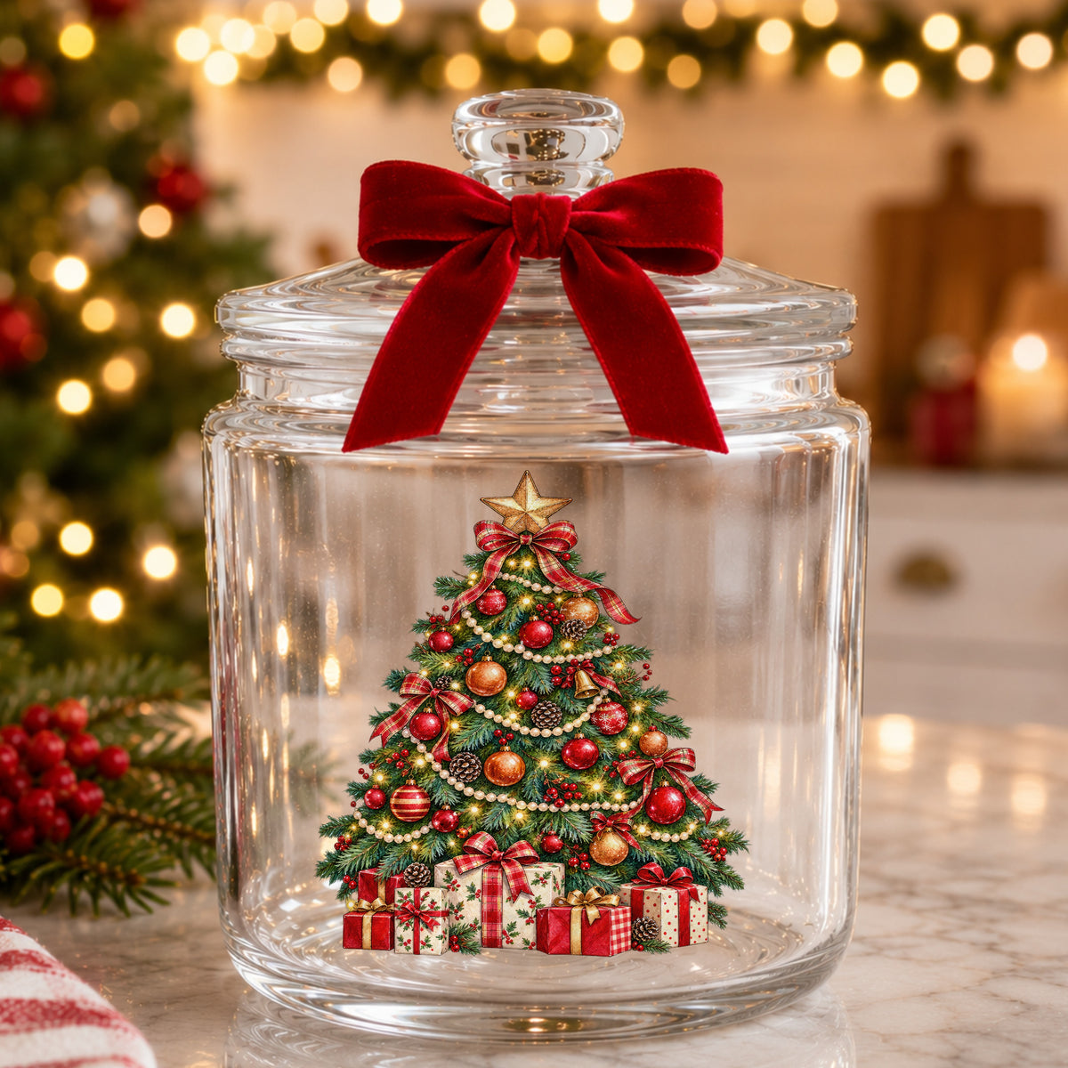 Decorated Christmas Tree With Presents UV DTF sticker applied to a glass candy jar tied with a red bow