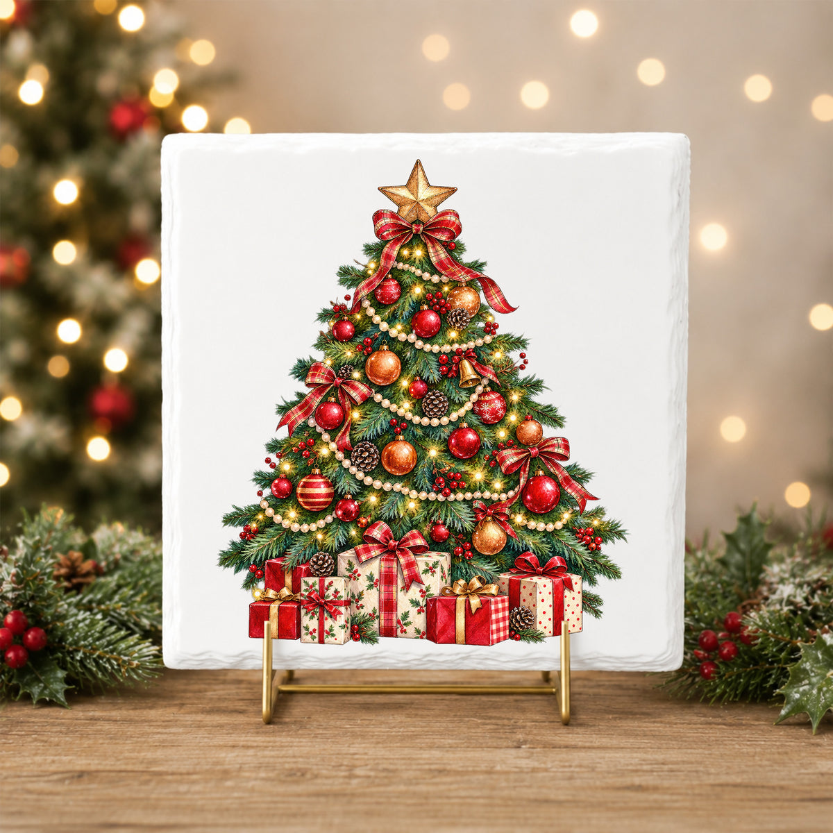 Decorated Christmas Tree With Presents UV DTF sticker applied to a white tile on a gold stand