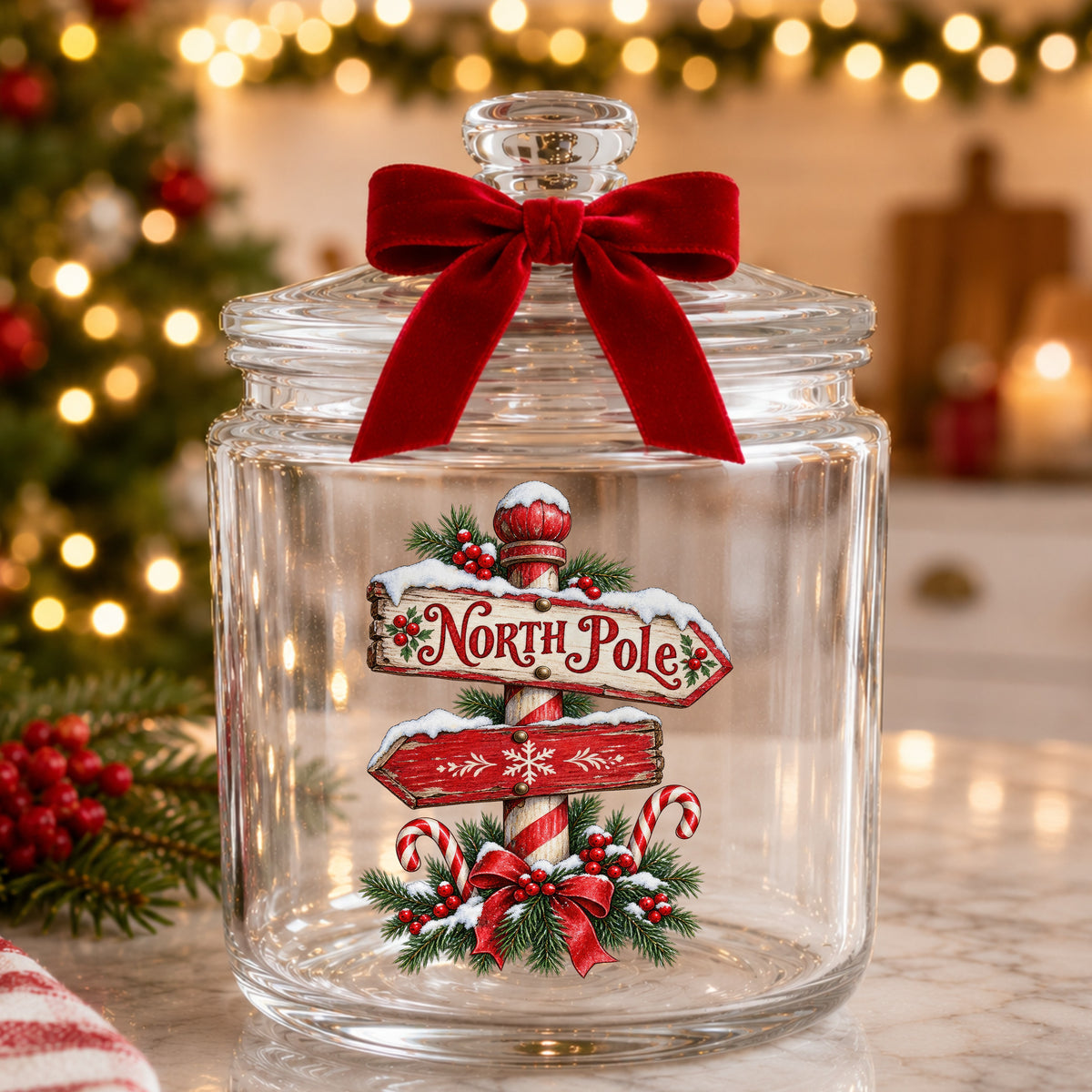 North Pole Sign UV DTF sticker applied to a glass candy jar tied with a red bow