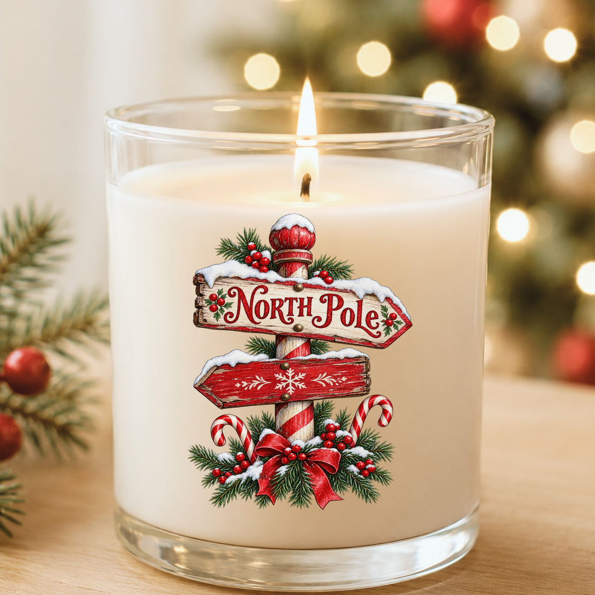 North Pole Sign UV DTF sticker applied to a white candle in a glass holder near Christmas lights