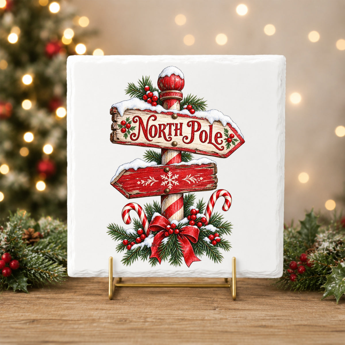 North Pole Sign UV DTF sticker applied to a white tile on a gold stand