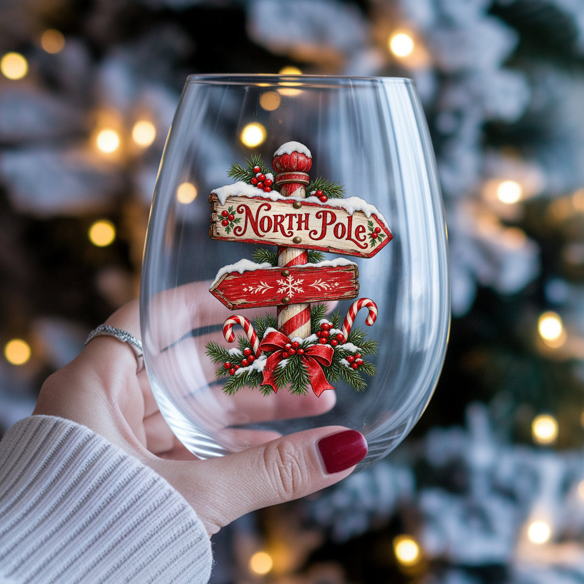 North Pole Sign UV DTF sticker applied to a stemless wine glass held in hand