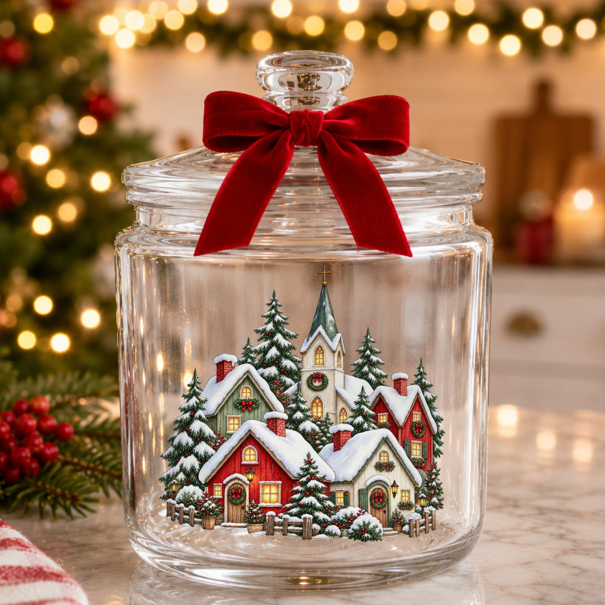 Snowy Christmas Village With Church UV DTF sticker applied to a glass candy jar tied with a red bow
