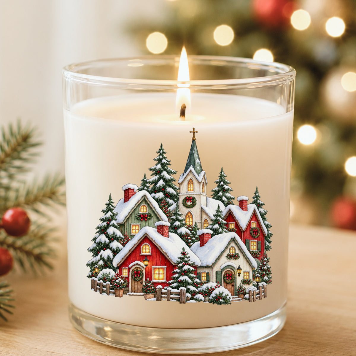 Snowy Christmas Village With Church UV DTF sticker applied to a white candle in a glass holder near Christmas lights