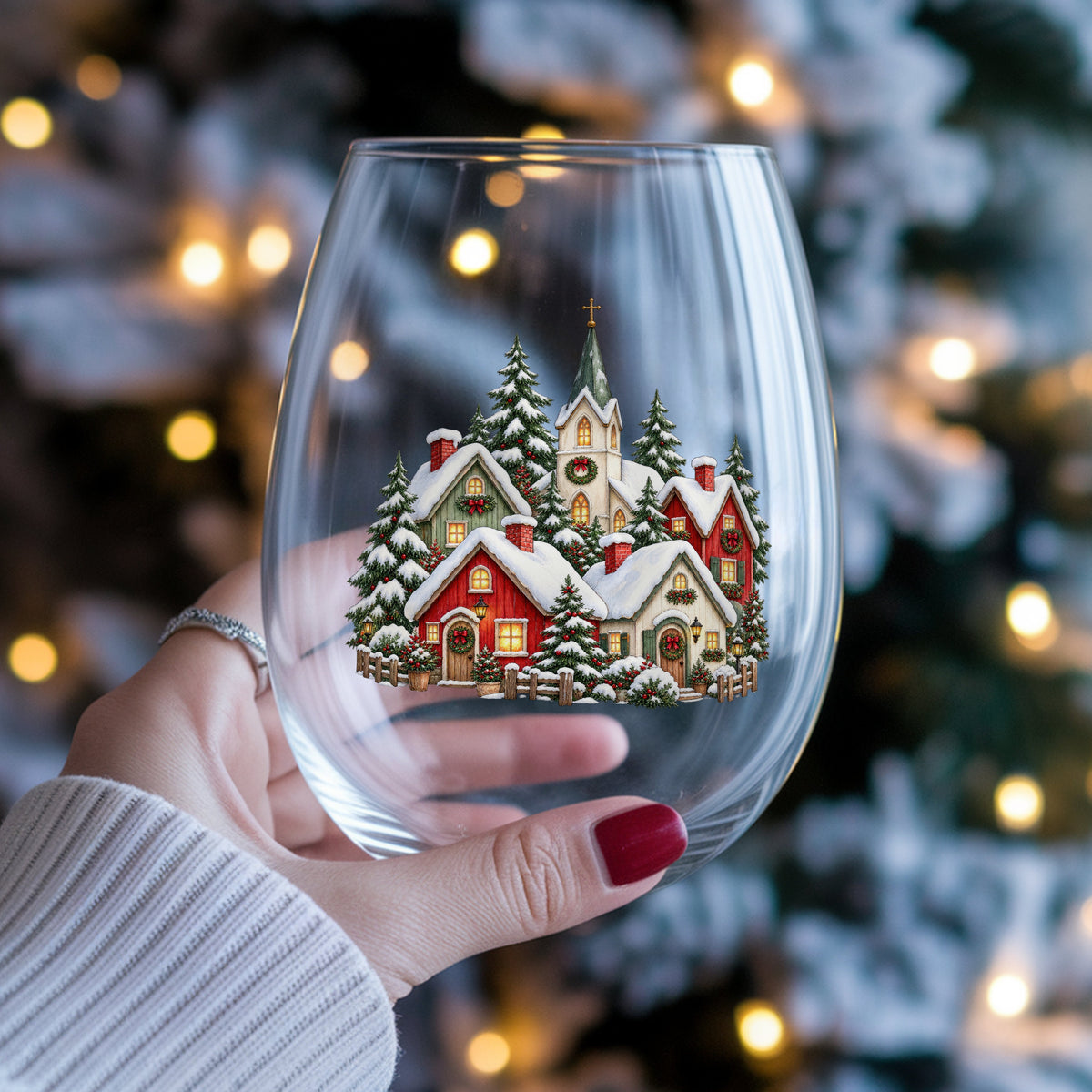 Snowy Christmas Village With Church UV DTF sticker applied to a stemless wine glass held in hand