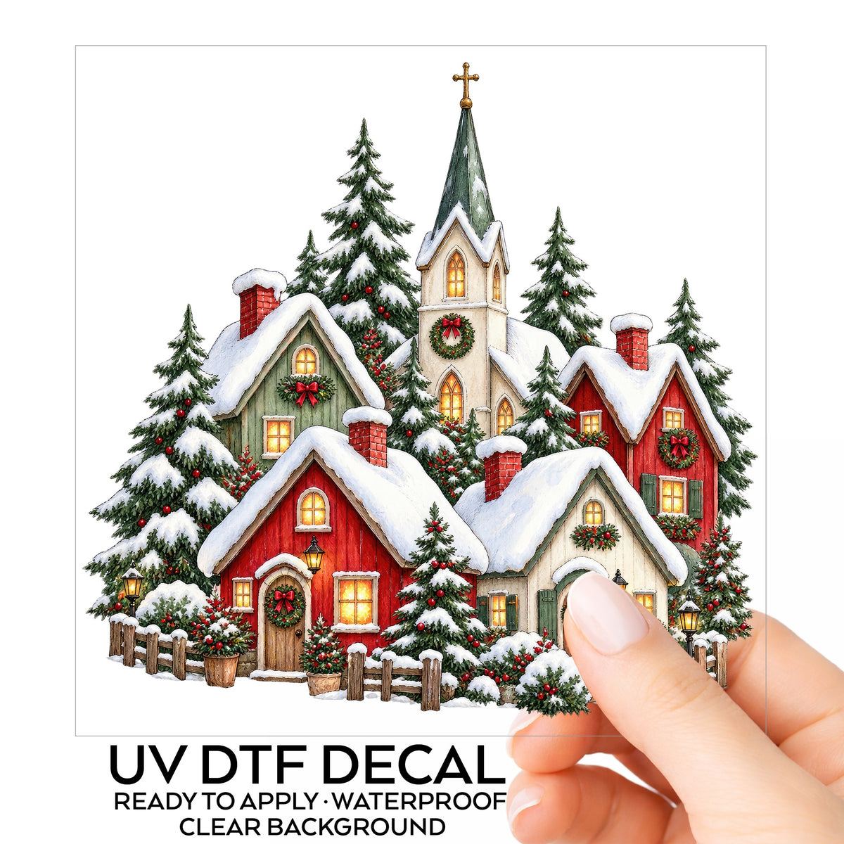 Snowy Christmas Village With Church UV DTF sticker on its backing card, held in hand