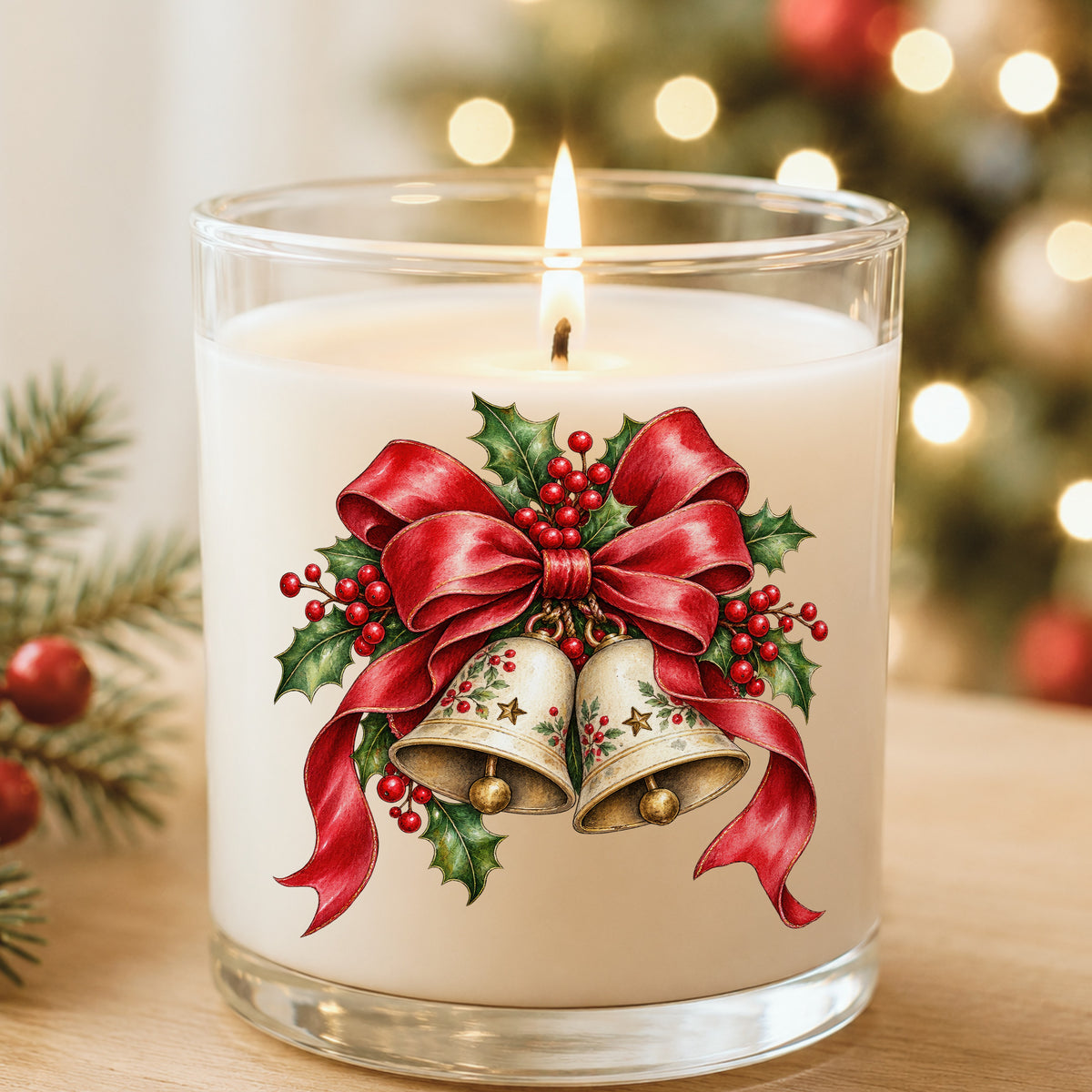 Christmas Bells With Red Bow UV DTF sticker applied to a white candle in a glass holder near Christmas lights