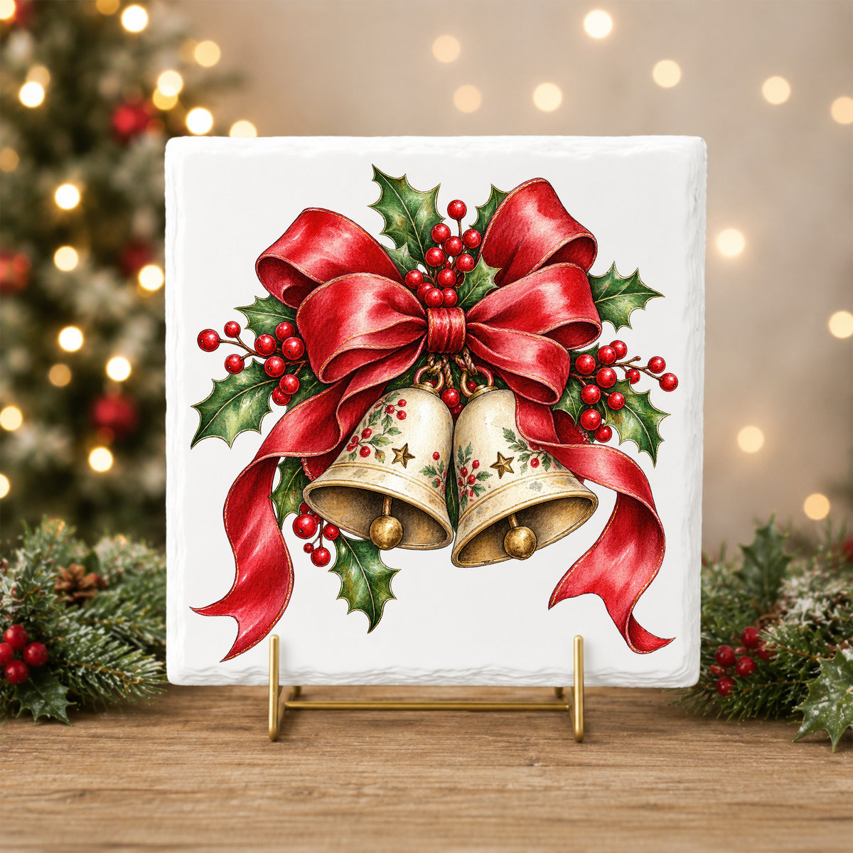 Christmas Bells With Red Bow UV DTF sticker applied to a white tile on a gold stand