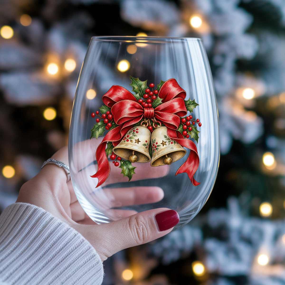Christmas Bells With Red Bow UV DTF sticker applied to a stemless wine glass held in hand