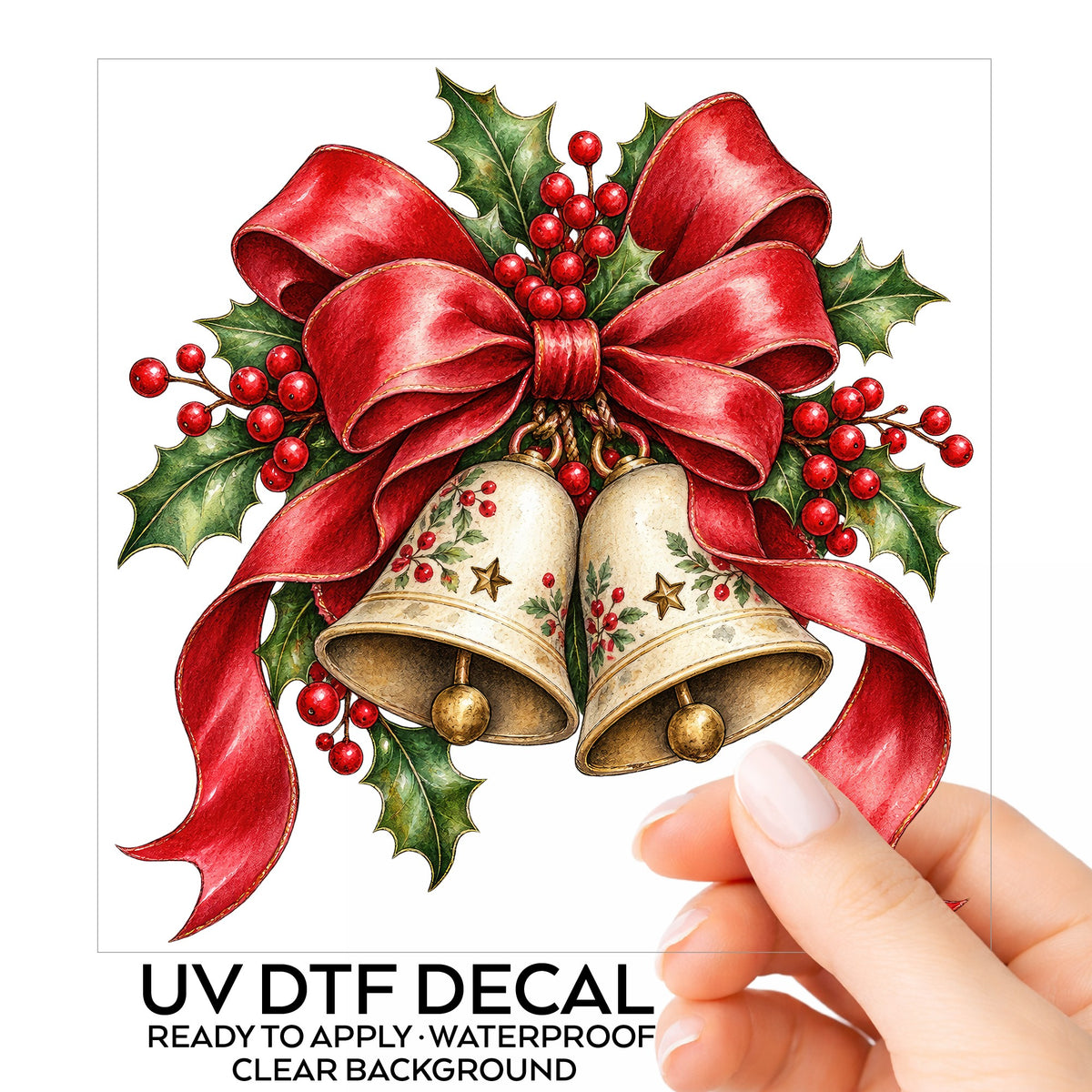 Christmas Bells With Red Bow UV DTF sticker on its backing card, held in hand