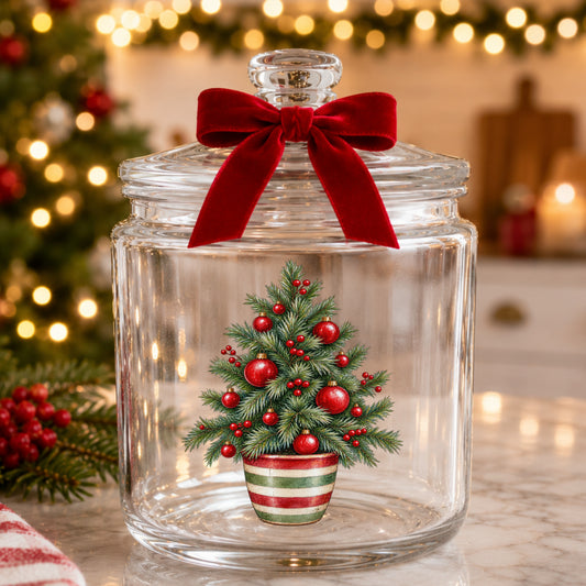 Potted Christmas Tree With Red Ornaments UV DTF sticker applied to a glass candy jar tied with a red bow