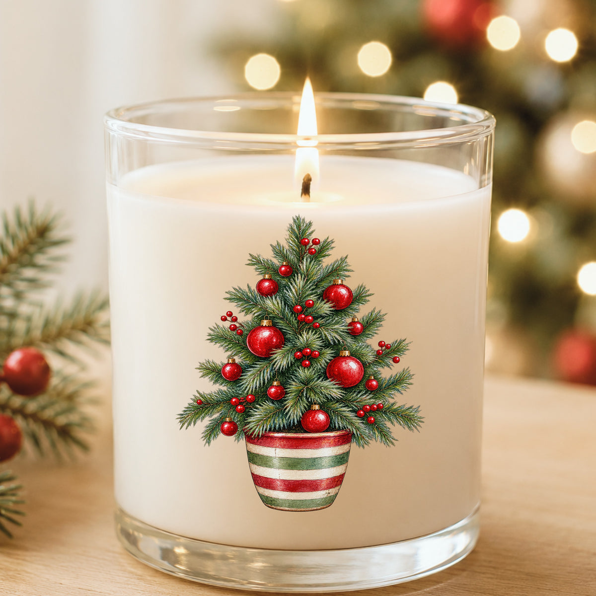 Potted Christmas Tree With Red Ornaments UV DTF sticker applied to a white candle in a glass holder near Christmas lights