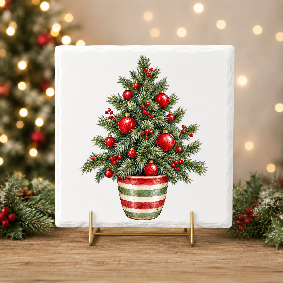 Potted Christmas Tree With Red Ornaments UV DTF sticker applied to a white tile on a gold stand