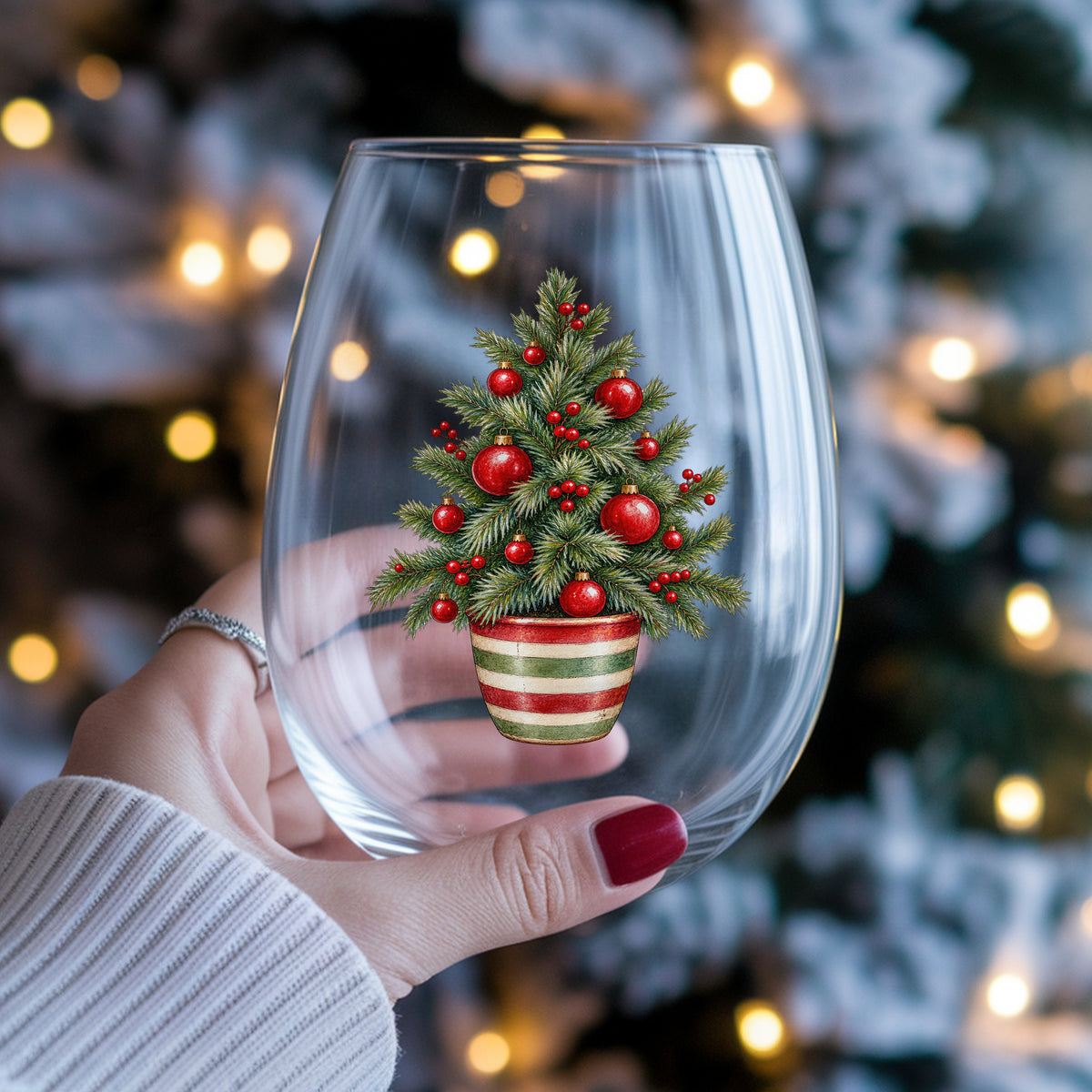 Potted Christmas Tree With Red Ornaments UV DTF sticker applied to a stemless wine glass held in hand