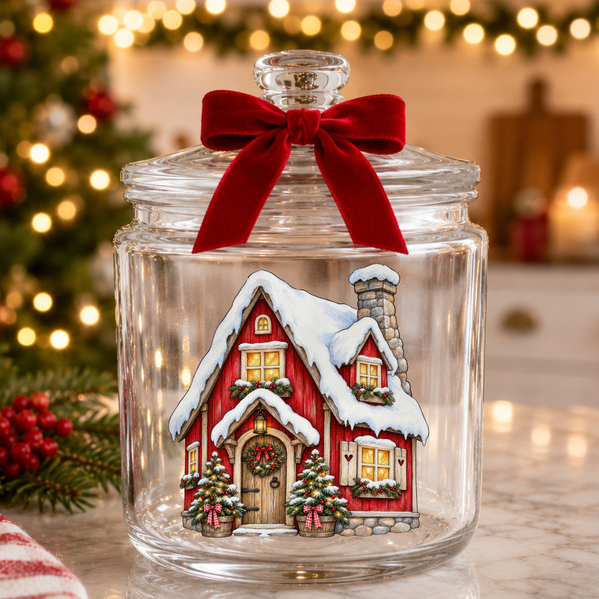 Red Christmas Cottage In Snow UV DTF sticker applied to a glass candy jar tied with a red bow