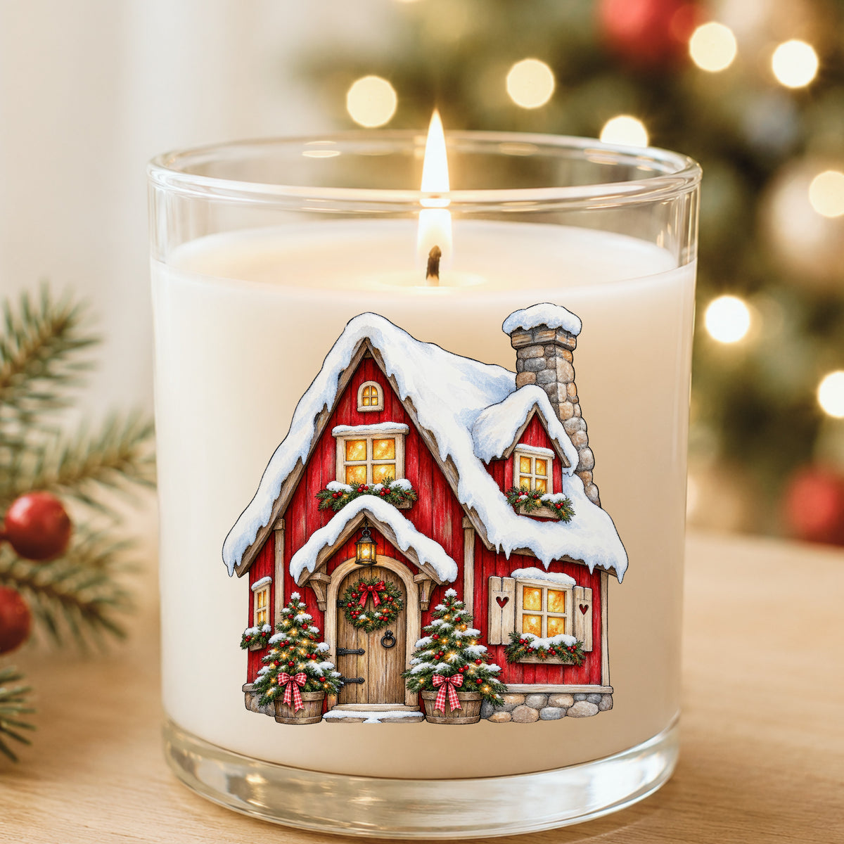 Red Christmas Cottage In Snow UV DTF sticker applied to a white candle in a glass holder near Christmas lights
