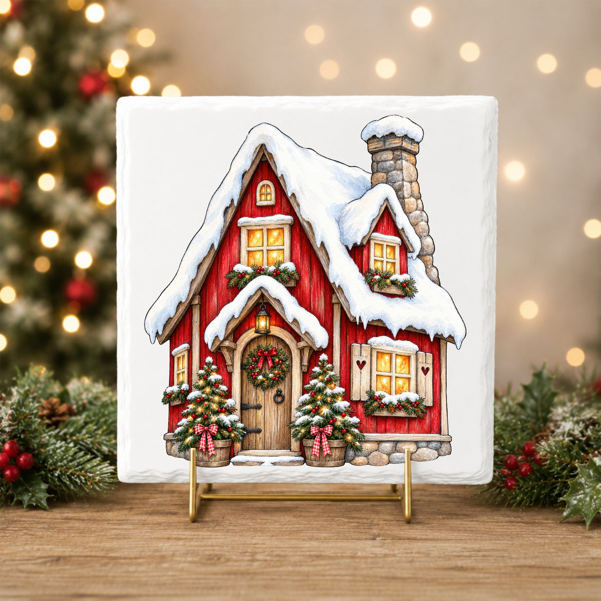 Red Christmas Cottage In Snow UV DTF sticker applied to a white tile on a gold stand