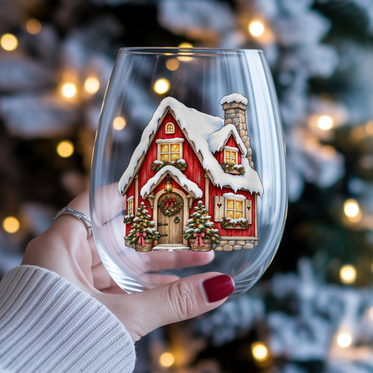 Red Christmas Cottage In Snow UV DTF sticker applied to a stemless wine glass held in hand