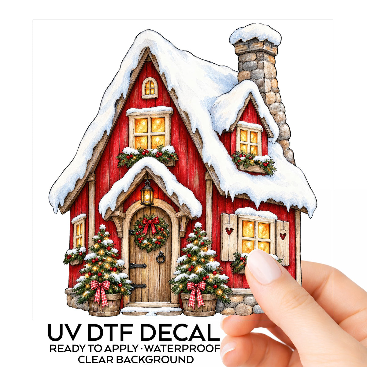 Red Christmas Cottage In Snow UV DTF sticker on its backing card, held in hand