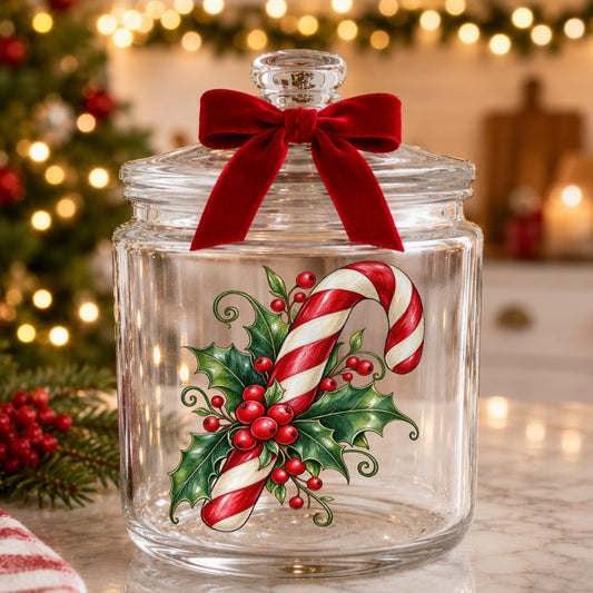 Candy Cane With Holly UV DTF sticker applied to a glass candy jar tied with a red bow