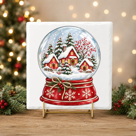 Christmas Village Snow Globe UV DTF sticker applied to a white tile on a gold stand