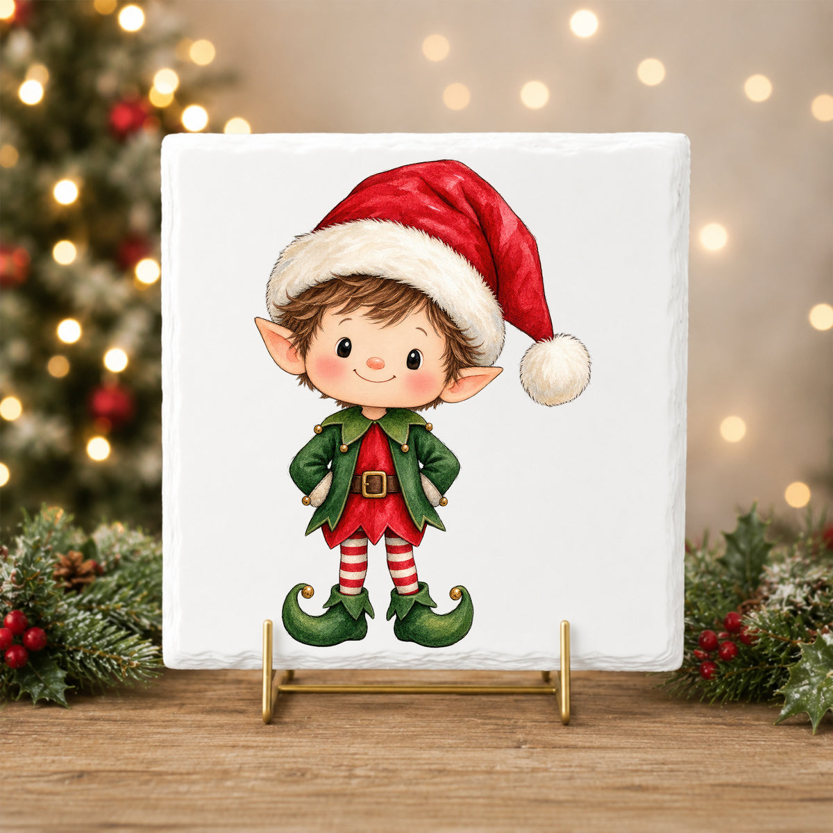 Christmas Elf Boy In Santa Hat UV DTF sticker applied to a white tile on a gold stand