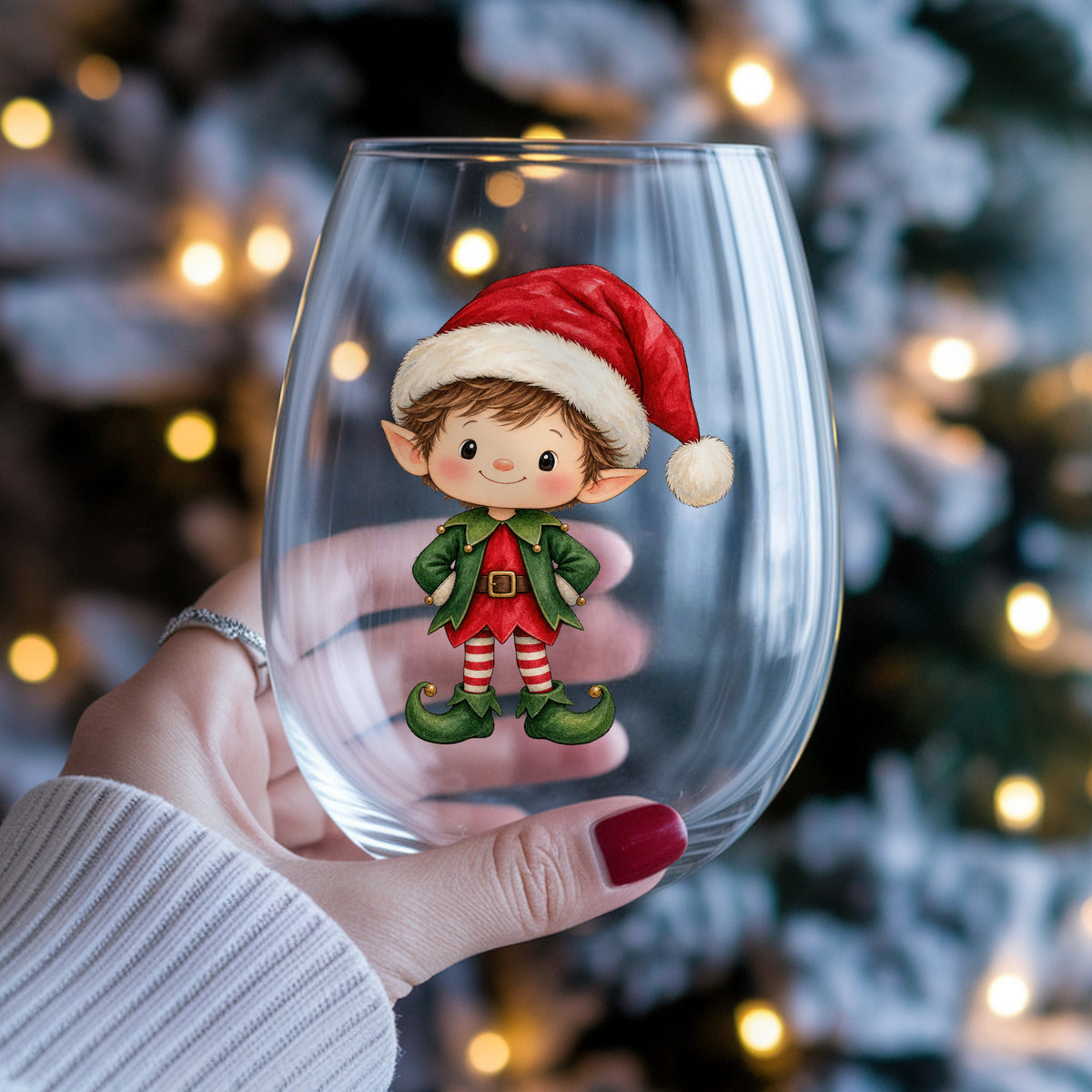 Christmas Elf Boy In Santa Hat UV DTF sticker applied to a stemless wine glass held in hand