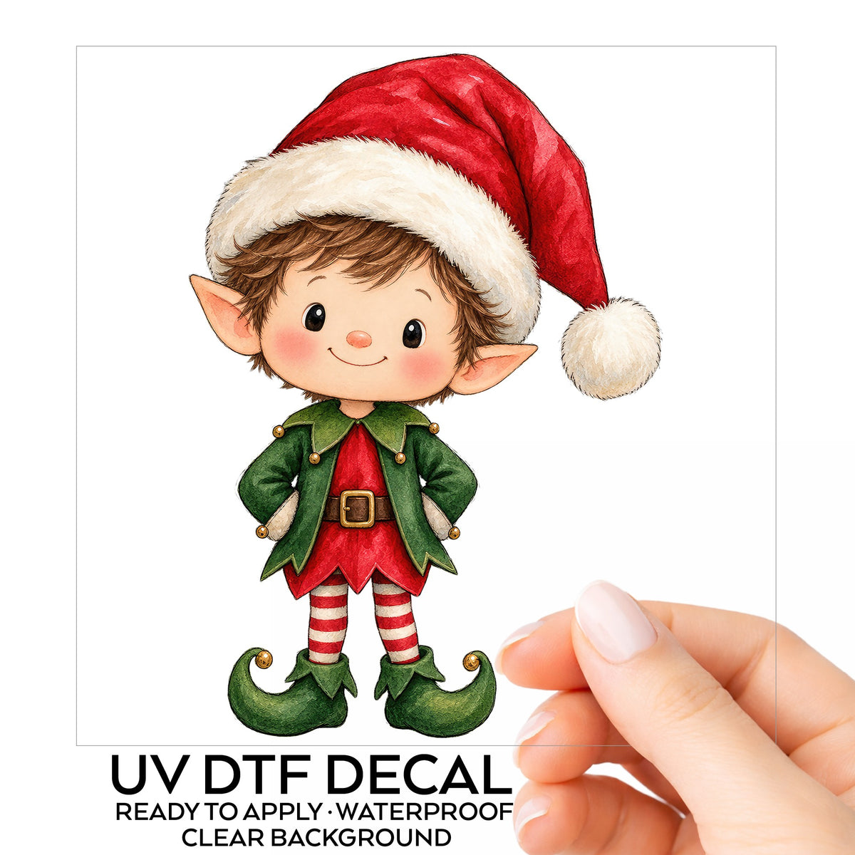 Christmas Elf Boy In Santa Hat UV DTF sticker on its backing card, held in hand