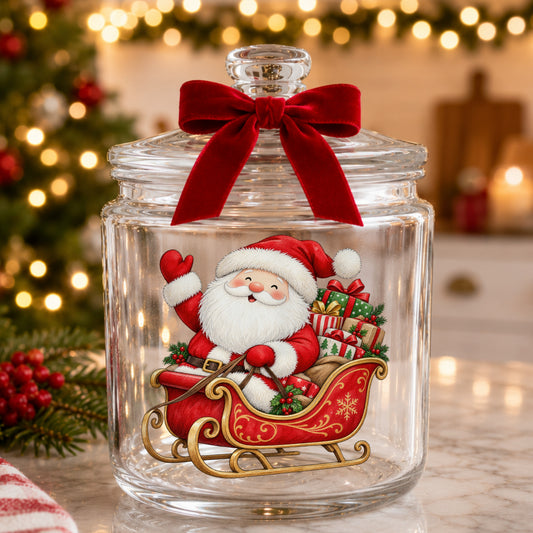 Waving Santa In Sleigh UV DTF sticker applied to a glass candy jar tied with a red bow