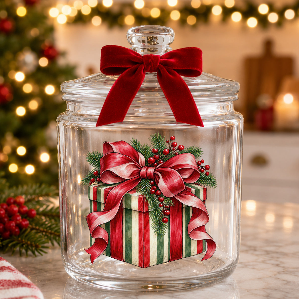 Striped Christmas Gift Box UV DTF sticker applied to a glass candy jar tied with a red bow