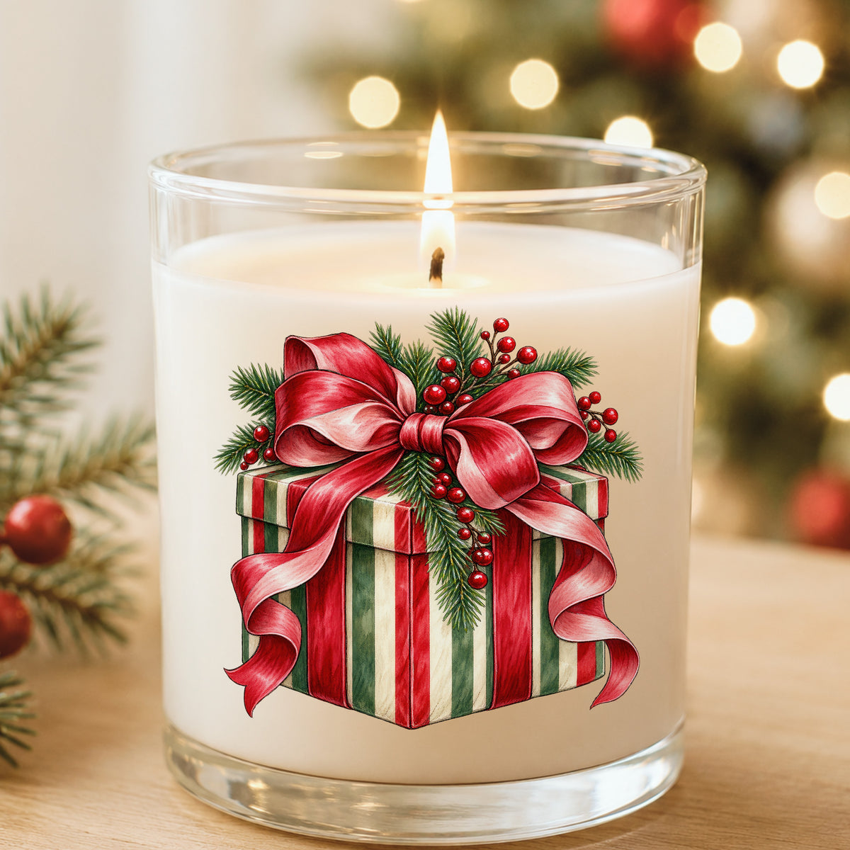 Striped Christmas Gift Box UV DTF sticker applied to a white candle in a glass holder near Christmas lights