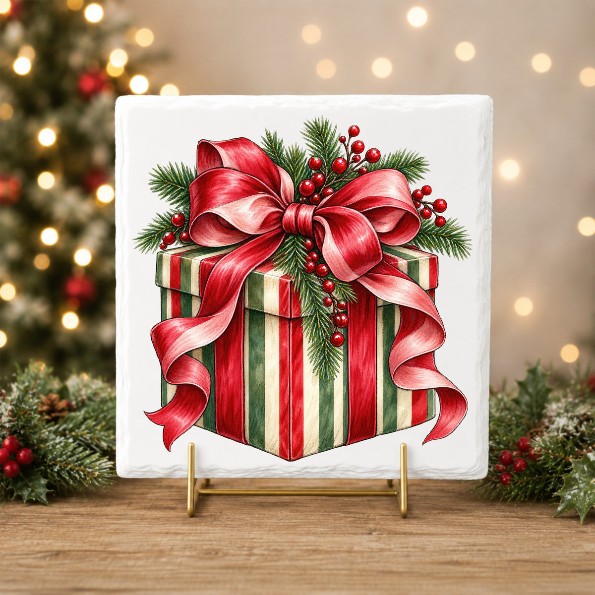 Striped Christmas Gift Box UV DTF sticker applied to a white tile on a gold stand