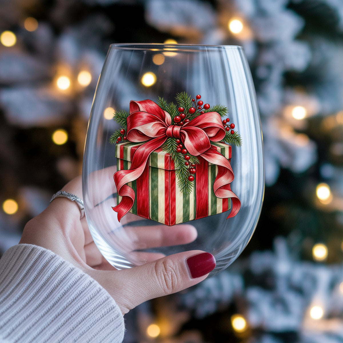 Striped Christmas Gift Box UV DTF sticker applied to a stemless wine glass held in hand