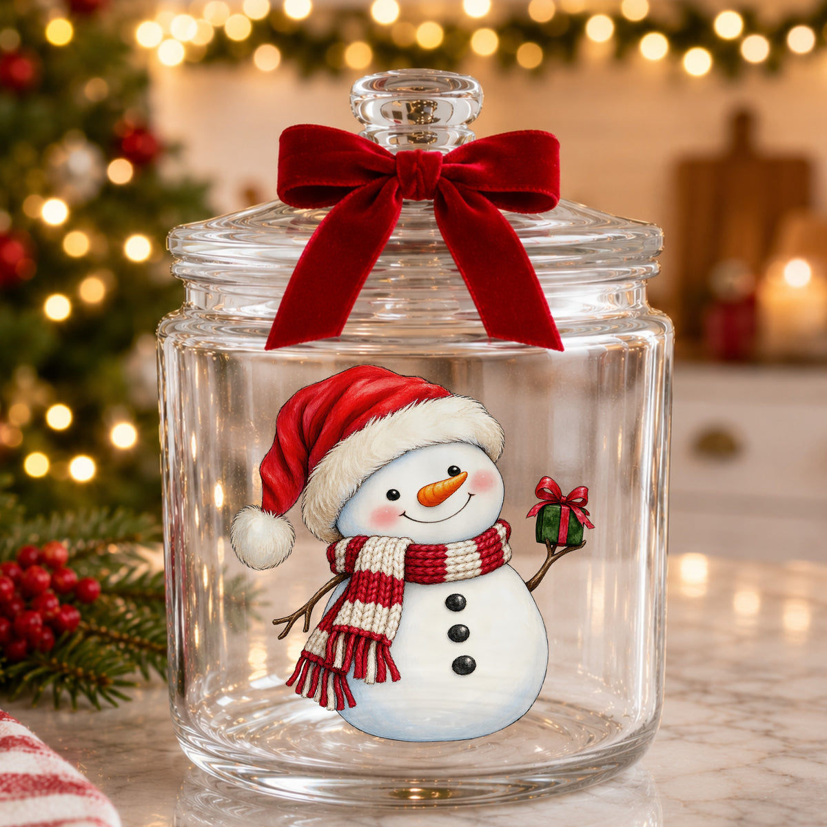 Snowman In Santa Hat With Gift UV DTF sticker applied to a glass candy jar tied with a red bow