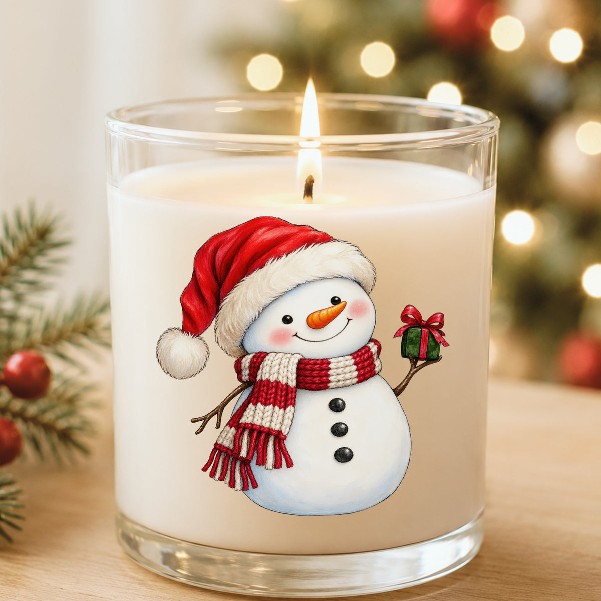 Snowman In Santa Hat With Gift UV DTF sticker applied to a white candle in a glass holder near Christmas lights