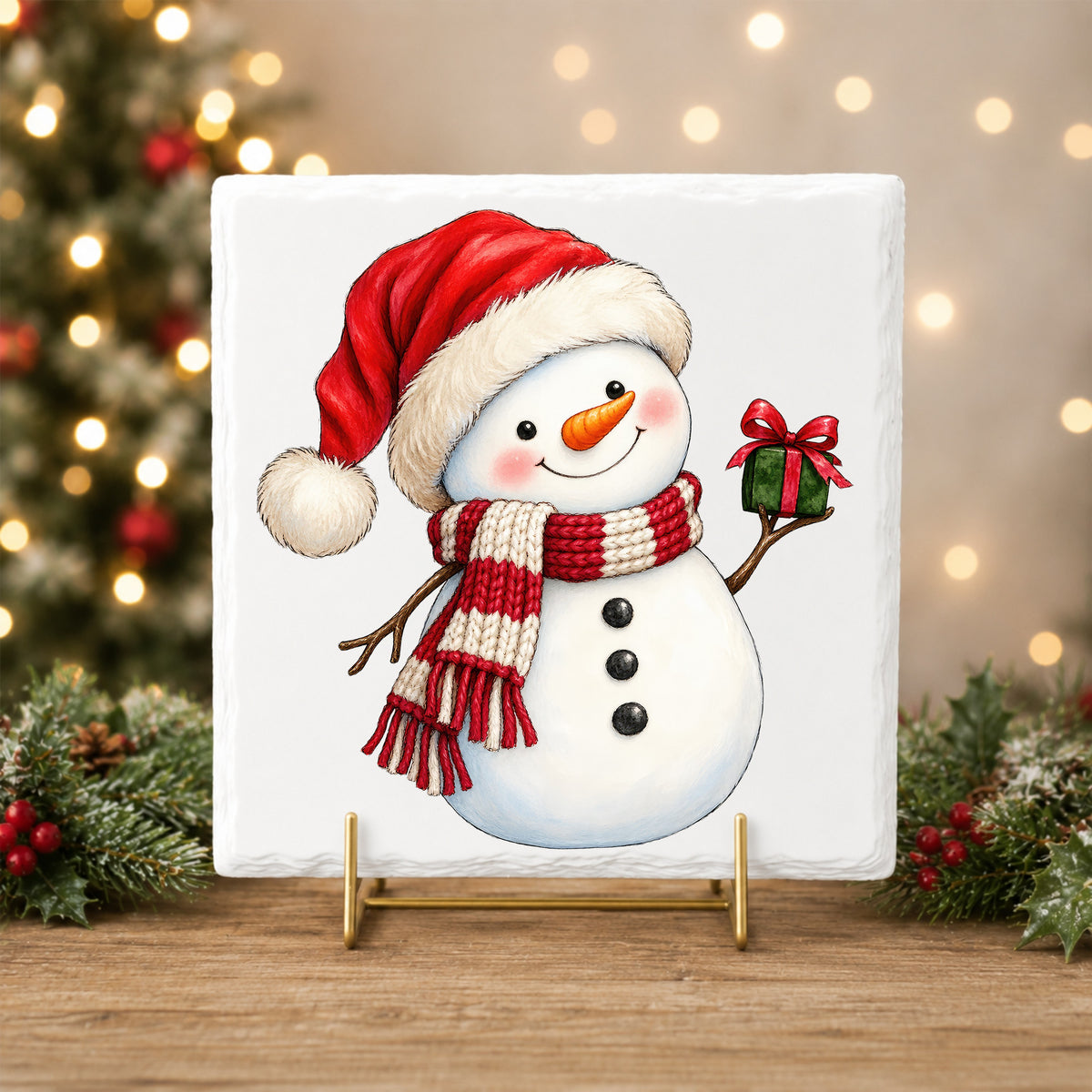 Snowman In Santa Hat With Gift UV DTF sticker applied to a white tile on a gold stand