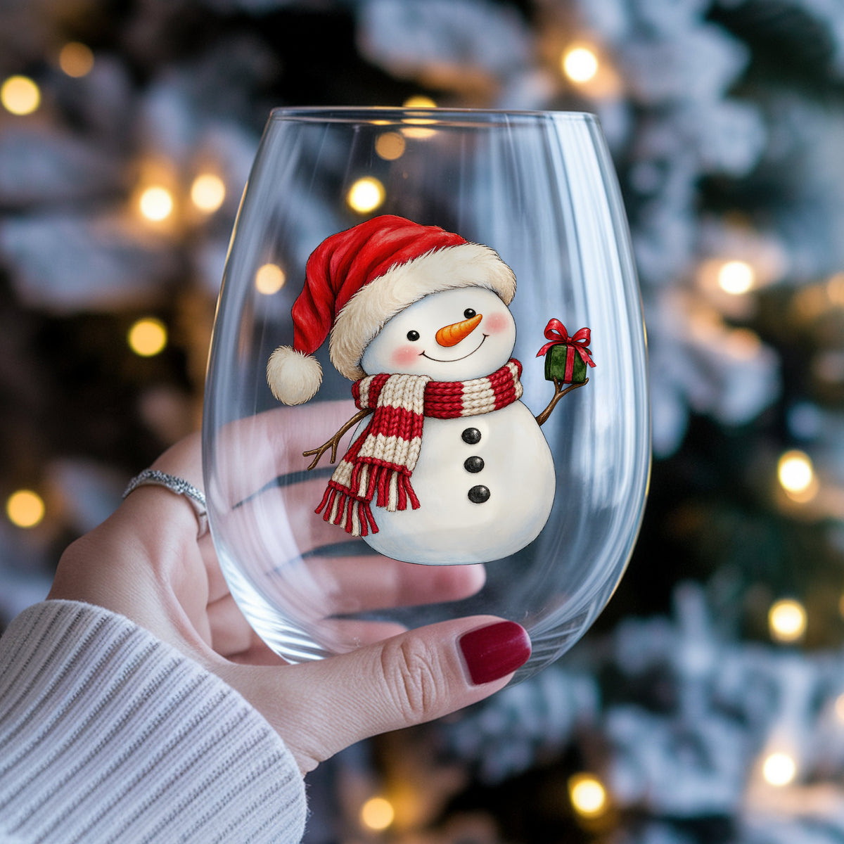 Snowman In Santa Hat With Gift UV DTF sticker applied to a stemless wine glass held in hand