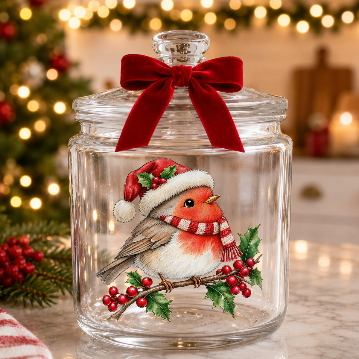 Robin In Santa Hat On Holly Branch UV DTF sticker applied to a glass candy jar tied with a red bow