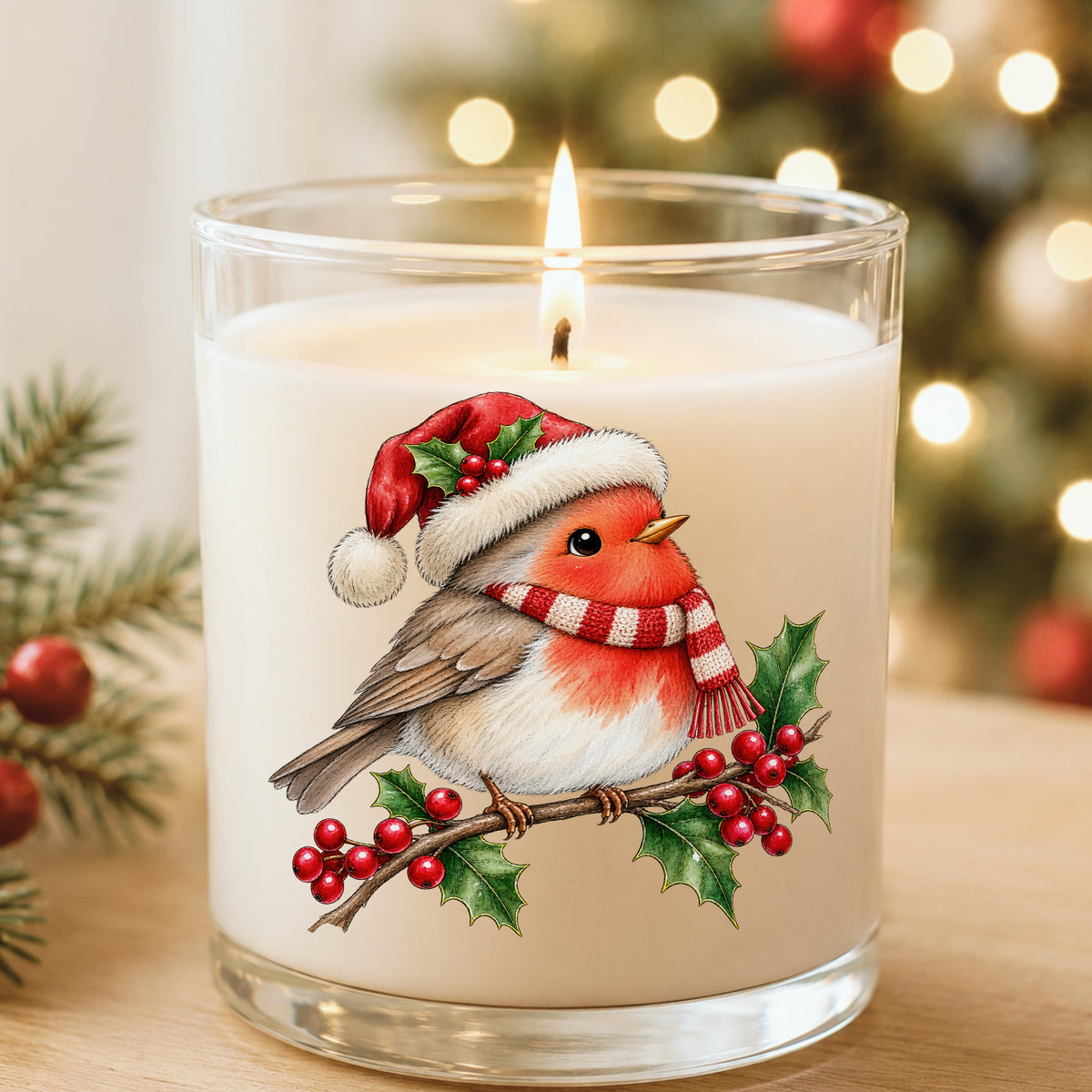 Robin In Santa Hat On Holly Branch UV DTF sticker applied to a white candle in a glass holder near Christmas lights