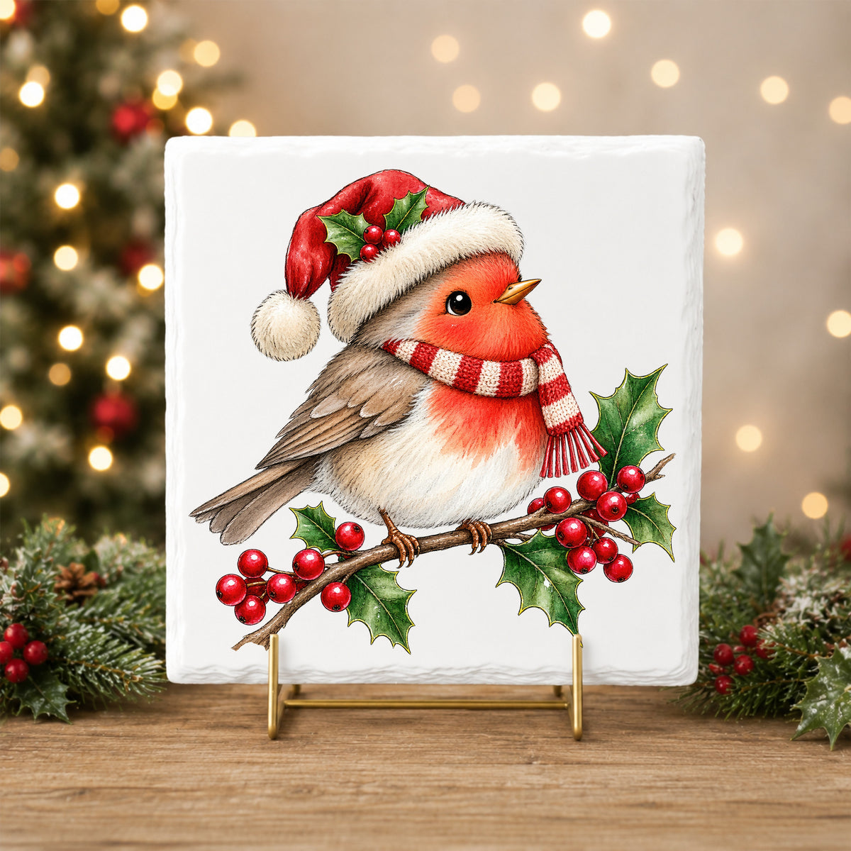 Robin In Santa Hat On Holly Branch UV DTF sticker applied to a white tile on a gold stand